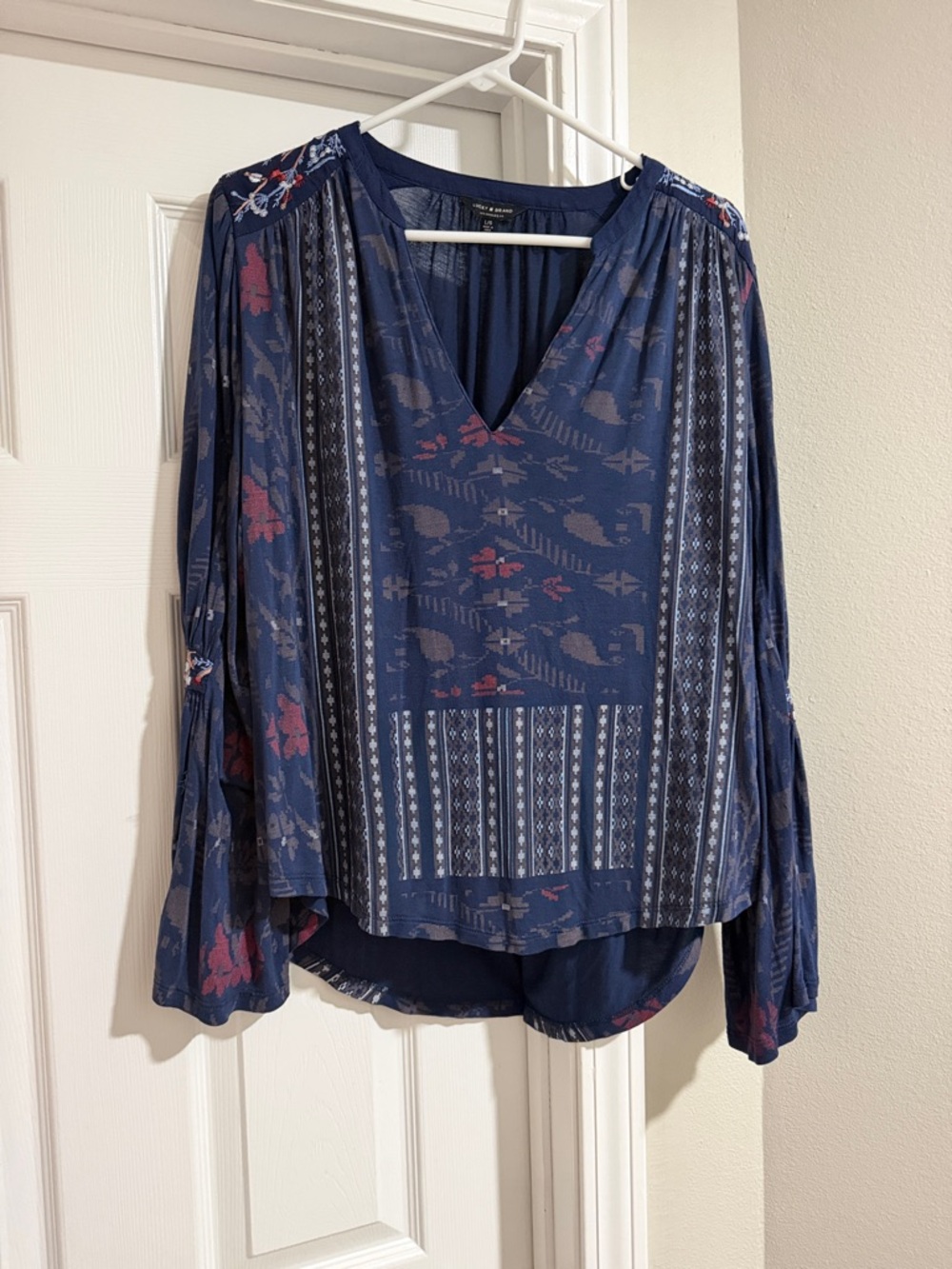 Lucky Brand Navy Floral & Stripe V-Neck Blouse